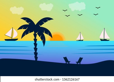 Summer holiday beach background. Tropical paradise, palm trees silhouette