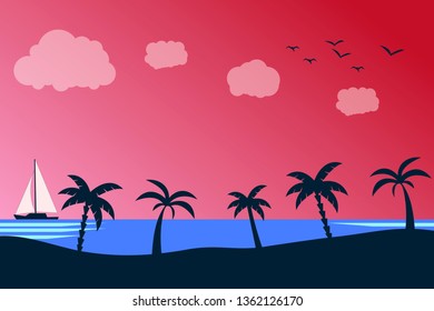 Summer holiday beach background. Tropical paradise, palm trees silhouette