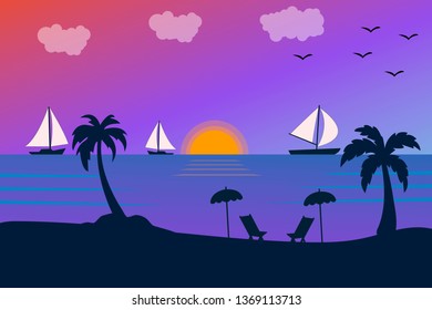 Summer holiday beach background. Tropical paradise, palm trees silhouette