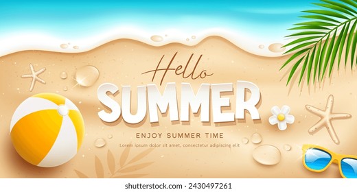 Summer holiday beach ball and sunglasses, water drop, white flower, coconut leaf, banner design on sand beach backgeound, Eps 10 vector illustration