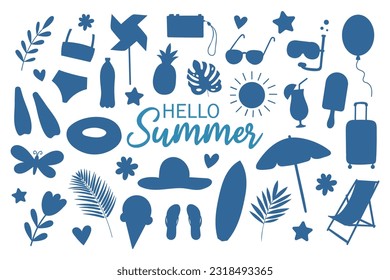 Summer holiday beach elements set. Hello summer lettering. Silhouette vector illustration.