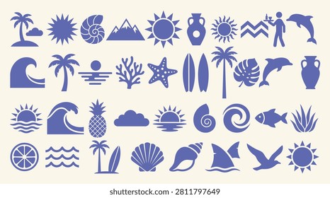 Summer holiday beach icon set collection. Light purple flat silhouette elements featuring palm tree, sun, waves, dolphin, surfboards, shell, pineapple and starfish.