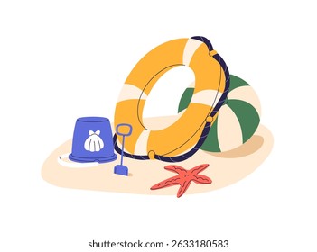 Summer holiday beach with lifebuoy, ball, toys, bucket and shovel, starfish on sand. Seaside vacation equipment, accessories for sea resort. Flat vector illustration isolated on white background