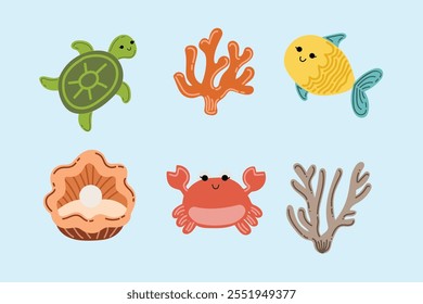 Summer holiday beach and ocean elements. Colorful hand drawn vector illustrations set.