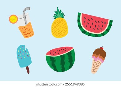 Summer holiday beach and ocean elements. Colorful hand drawn vector illustrations set.