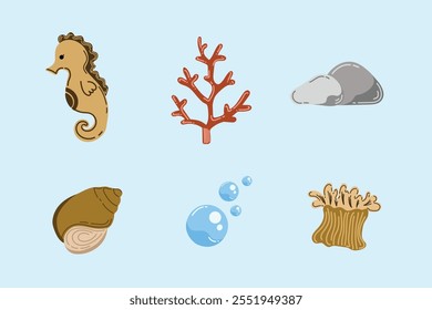 Summer holiday beach and ocean elements. Colorful hand drawn vector illustrations set.