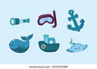 Summer holiday beach and ocean elements. Colorful hand drawn vector illustrations set.