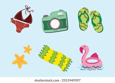 Praia de férias de verão e elementos do oceano. Conjunto de ilustrações vetoriais coloridas desenhadas à mão.