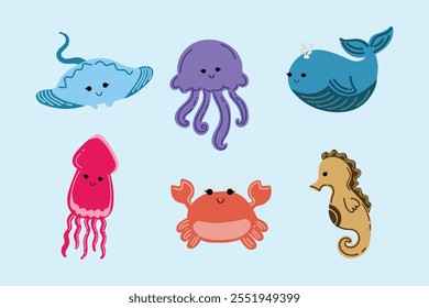 Summer holiday beach and ocean elements. Colorful hand drawn vector illustrations set.