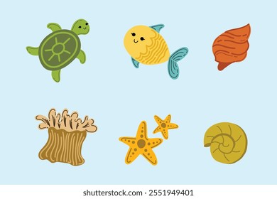 Summer holiday beach and ocean elements. Colorful hand drawn vector illustrations set.