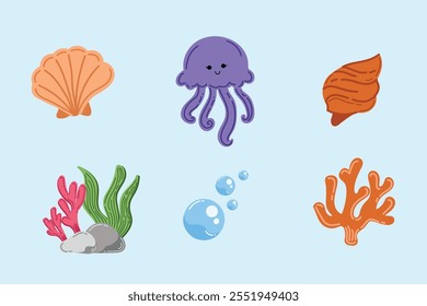 Summer holiday beach and ocean elements. Colorful hand drawn vector illustrations set.