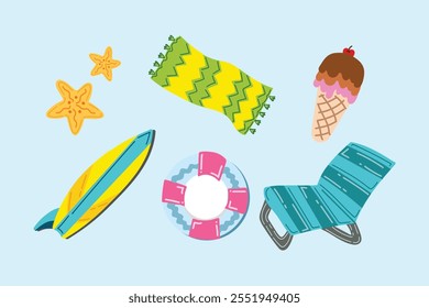 Summer holiday beach and ocean elements. Colorful hand drawn vector illustrations set.