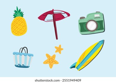 Summer holiday beach and ocean elements. Colorful hand drawn vector illustrations set.