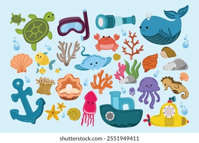 Summer holiday beach and ocean elements. Colorful hand drawn vector illustrations set.