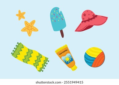 Summer holiday beach and ocean elements. Colorful hand drawn vector illustrations set.