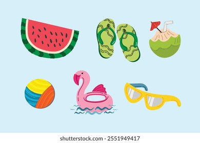 Summer holiday beach and ocean elements. Colorful hand drawn vector illustrations set.