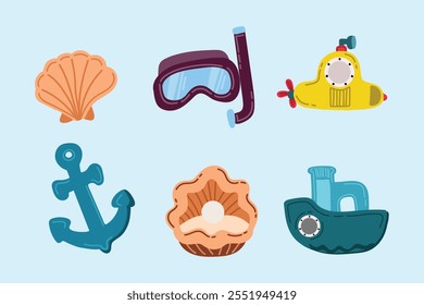 Summer holiday beach and ocean elements. Colorful hand drawn vector illustrations set.