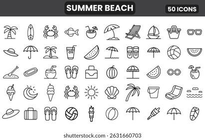 Summer Holiday and Beach Outline Icons, Vector Set Includes Ice Cream, Umbrellas, Palm Trees, Drinks, Surfboards, Sunglasses, Shells, and Sea Life Elements Summer design elements line art.