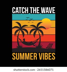 Summer Holiday Beach Poster with Palm Trees and Ocean View