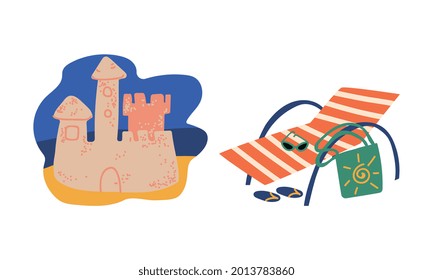 Summer Holiday and Beach Resort Symbols with Sun Lounger and Sand Castle Vector Set