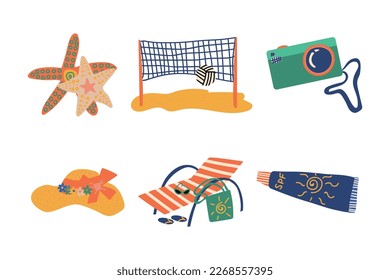 Juego de vectores de vacaciones de verano y de vacaciones en la playa con red de voleibol, Starfish, Camera, Hat, Crema de pantalla solar y Silla de cubierta