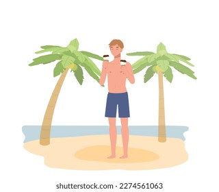 summer holiday beach theme. A happy man holidng ice cream in both hands, enjoy vacation. Flat vector illustration