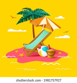 Summer holiday beach vacation. Beach chair, umbrella, coconut tree ,beach ball, sand bucket and spade on beach.