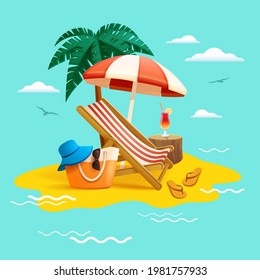 Summer holiday beach vacation. Beach chair, umbrella, coconut tree ,beach bag hat and flip-flops on beach.