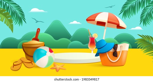 Summer holiday beach vacation theme podium with summer set beach elements.