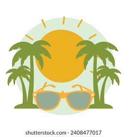 Summer holiday beach vacation theme podium with summer set beach elements.  vector illustration travel themed vector background tropical beach. with palm trees, turquoise waters, and sun loungers.