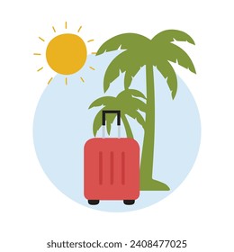 Summer holiday beach vacation theme podium with summer set beach elements.  vector illustration travel themed vector background tropical beach. with palm trees, turquoise waters, and sun loungers.