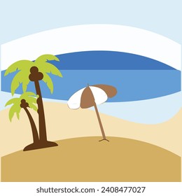 Summer holiday beach vacation theme podium with summer set beach elements.  vector illustration travel themed vector background tropical beach. with palm trees, turquoise waters, and sun loungers.