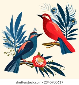 Summer Holiday bird isolated, greeting card decoration, vintage art style exotic fantasy elements vector illustration