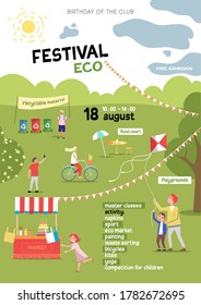 Summer holiday, birthday. A festive poster for a festival in nature. Environmental theme, waste sorting, games, entertainment, food court, lots of cheerful young people.