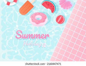 Summer holiday in blue background. Design with ice cream, ball, and swimming ring floating in the pool. 