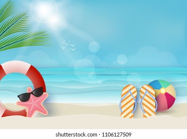 Summer holiday blue background, nautical concept. Paper art, paper craft style illustration