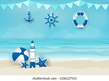 Summer holiday blue background, nautical concept. Paper art, paper craft style illustration