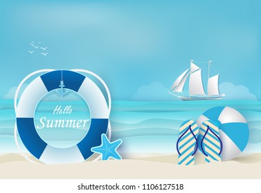 Summer holiday blue background, nautical concept. Paper art, paper craft style illustration