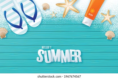 Summer Holiday with blue wooden terrace and rubber slippers, sand, starfish, hat, cocktail, sunblock, coconut elements paper cut craft style on color background.