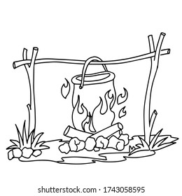 summer holiday bonfire pot, fire, line vector illustraion hand-drawn doodles isolated fo white background