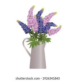 summer holiday bouquet of pink and blue lupines in a tin jug on a white background for a postcard or invitation