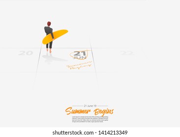 Summer Holiday. Businessman is standing with surfboard on the beach . Man holding surfboard in his hand marked date Summer season start on calendar 21th June 2019. Summer sport. Vector Illustration.