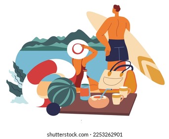 Sommerurlaub am Meer, Urlaub und Erholung an heißen Tagen. Mann mit Surfbrett, Frau auf Holzsteg mit Blick auf Wasser und Berge. Picknick und entspannend Menschen. Vektorgrafik im Flachstil