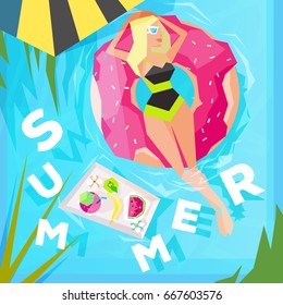 Summer Holiday and Summer Camp poster, background (backdrop), print. Pretty lady in the swimming pool, on doughnut pool float
