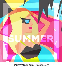 Summer Holiday and Summer Camp poster, background (backdrop), print with frame and Summer typography. Pretty lady in the swimming pool, on doughnut pool float