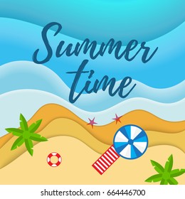 Summer holiday camp poster with sandy tropical island with palm trees and sea. Top view design for flyers and brochures, postcards, banners, posters, broadsheets. Vector illustration.