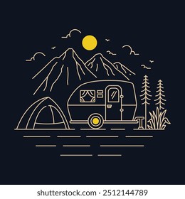 Summer Holiday with Camper Van Monoline Illustration 3