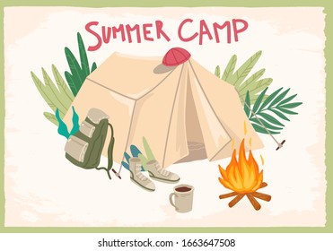 Summer holiday. Camping place in forest with tent. Campfire and backpack. Green forest and bush leaves. Campsite surrounded by trees. Design for greeting card, poster or flyer. Vector cartoon concept