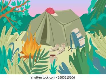 Summer holiday. Camping place in forest with tent. Campfire and backpack. Green forest and bush leaves. Campsite surrounded by trees. Design for greeting card, poster or flyer. Vector cartoon concept