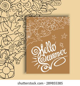 Summer and holiday card design. Vector illustration of a hand draw doodle on the theme of summer holiday. For cards, banners, posters, web design.